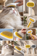 AI-generated editorial illustration of grooming brush and cats