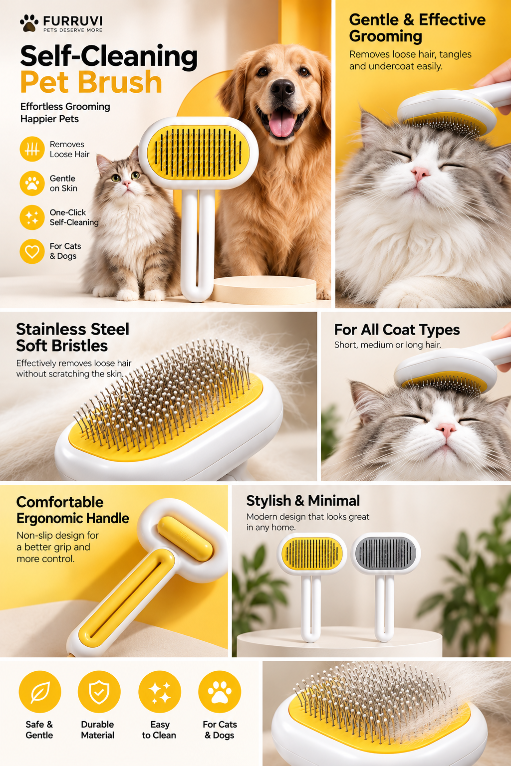 AI-generated Furruvi grooming brush feature poster; illustrative concept