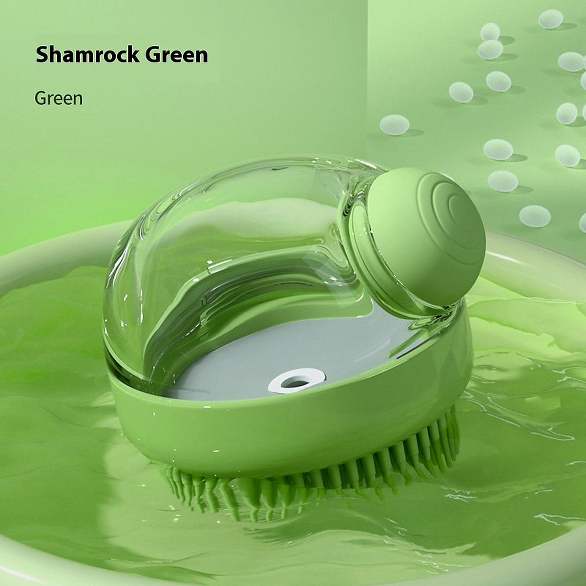 Green silicone pet shampoo brush enhanced product photo