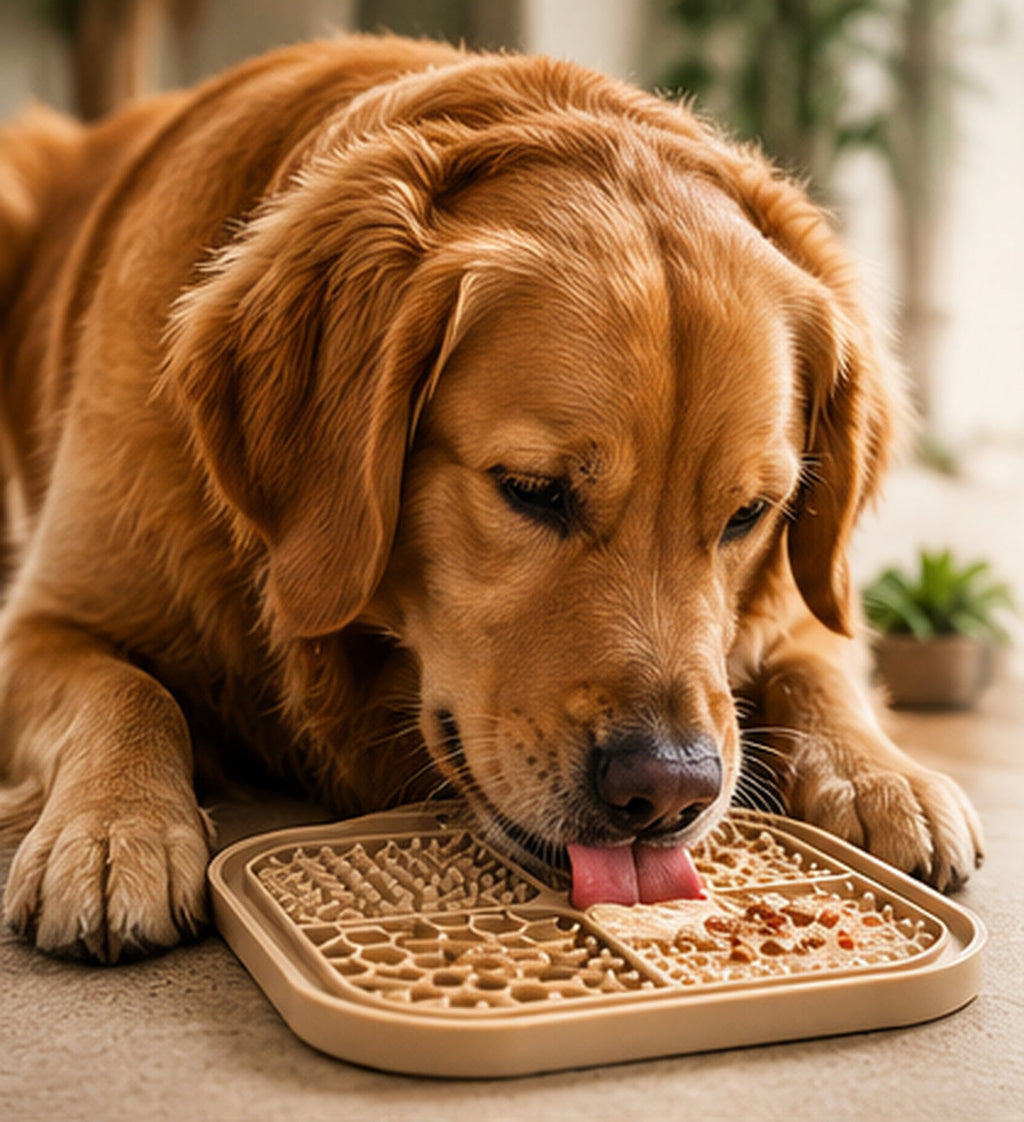 AI-generated illustrative Furruvi CalmLick dog lifestyle editorial photo; actual product may differ