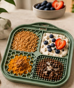 AI-generated illustrative Furruvi CalmLick green mat food editorial photo; actual product may differ
