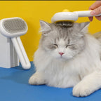 Cat being gently groomed with white and yellow brush — supplier image