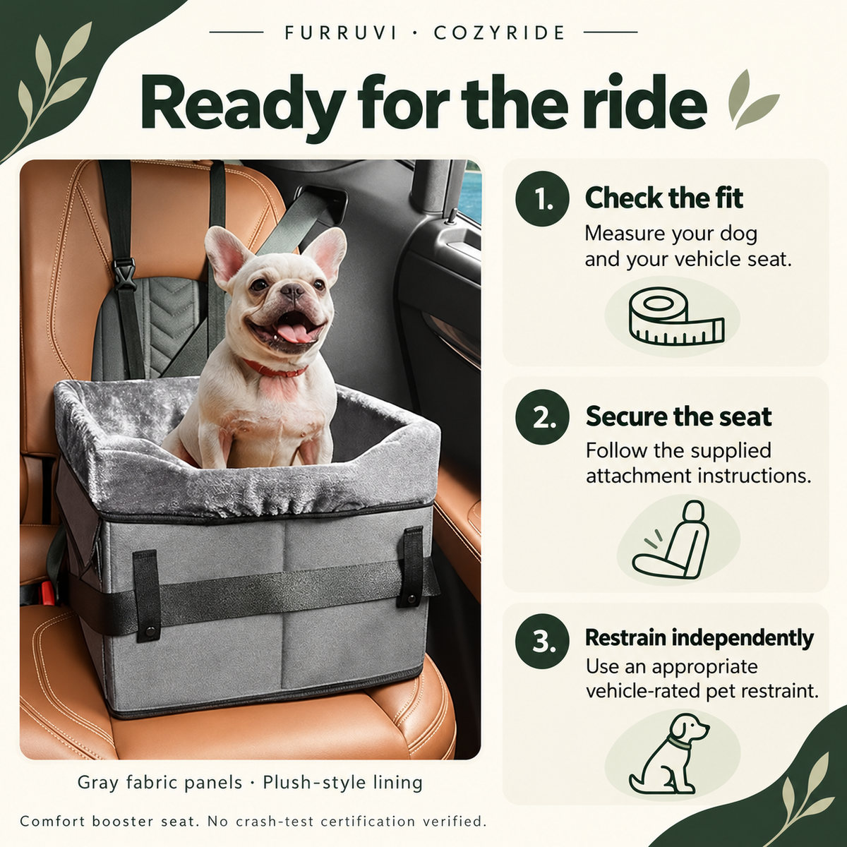 Gray CozyRide illustrated setup guide: measure fit, follow attachment instructions and use an independent vehicle-rated pet restraint.