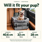 CozyRide gray car seat size guide: approximate external length 40.6 cm, width 33 cm, height 28 cm; padded interior is smaller.